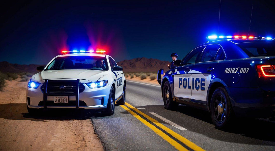 A police car pulling over a vehicle on the side of a desert road at night. Flashing lights illuminate the scene as an officer approaches the driver